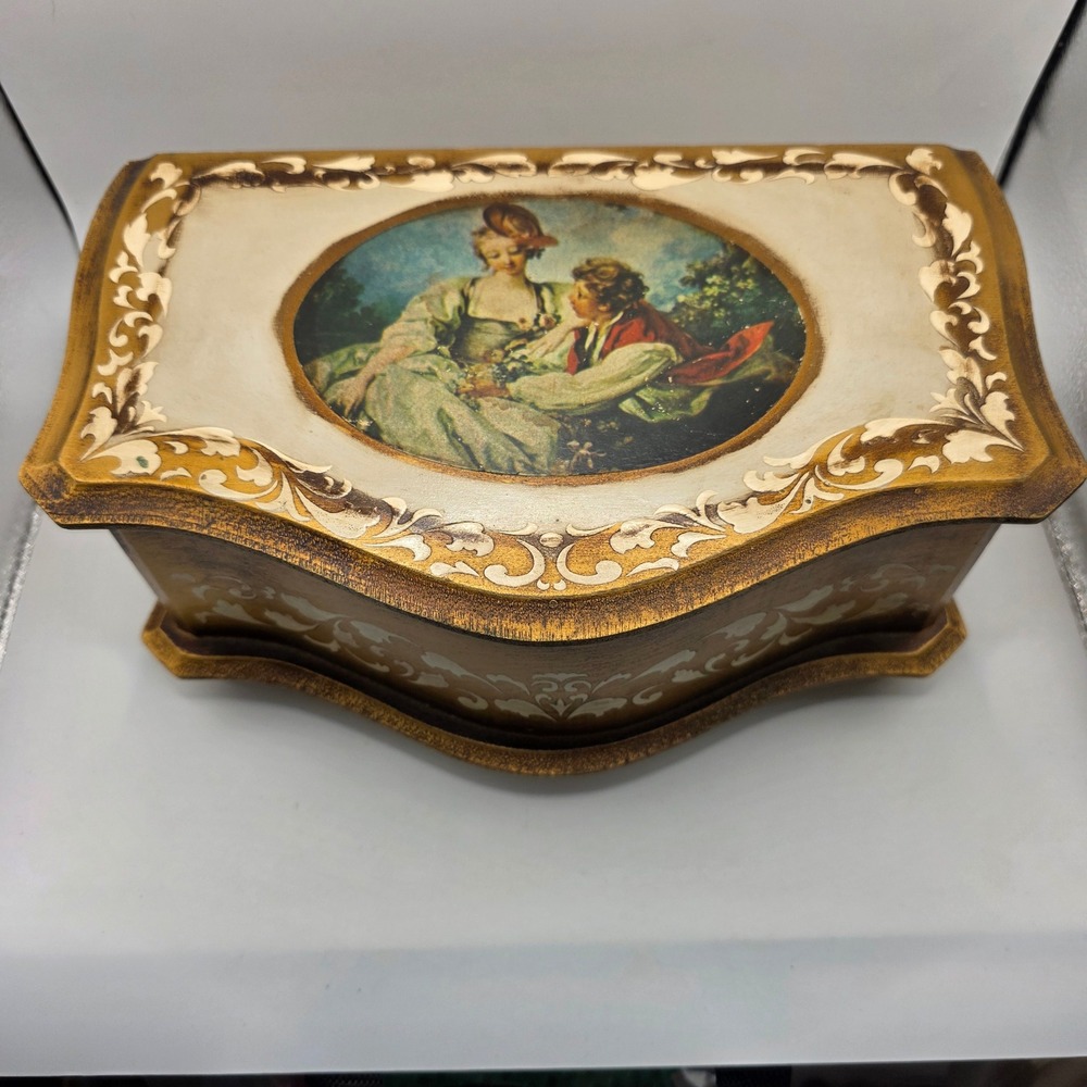 Vtg Kellerman Gold Wood Jewelry Music Box Fragonard Style Japan Red Tray